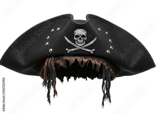 Black pirate hat with skull and crossbones isolated on transparent background