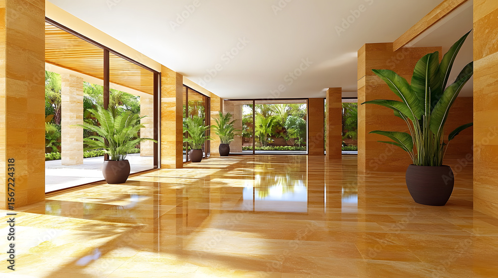 Fototapeta premium Spacious modern eco home interior with rammed earth walls, large windows, passive solar design, polished floor, tropical plants, and abundant natural light, creating serene atmosphere