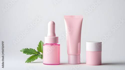 Pink cosmetic dropper bottle, tube, and jar with green leaf on white background, minimal skincare product mockup, clean and fresh beauty concept, suitable for branding and advertising