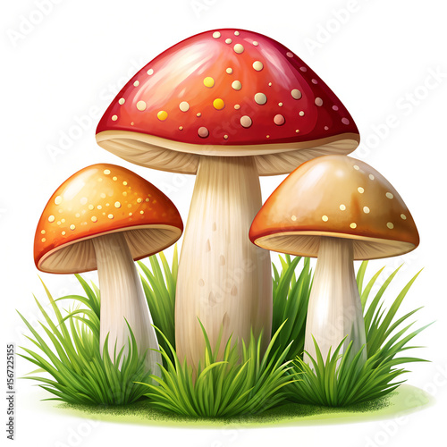 A stylized illustration of three distinct mushrooms with varying cap shapes and colors, growing in green grass, on a white background.