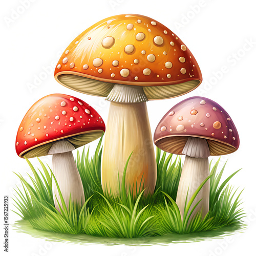 A stylized illustration of three distinct mushrooms with varying cap shapes and colors, growing in green grass, on a white background.