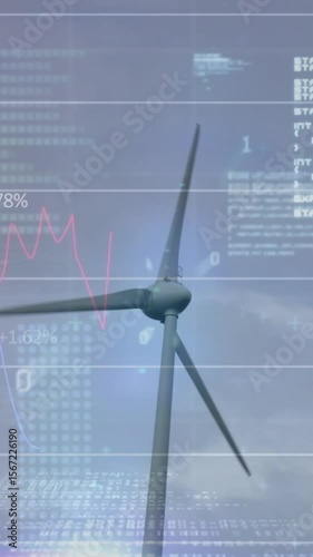 Animation of wind turbine turning, data processing and stock exchange graph