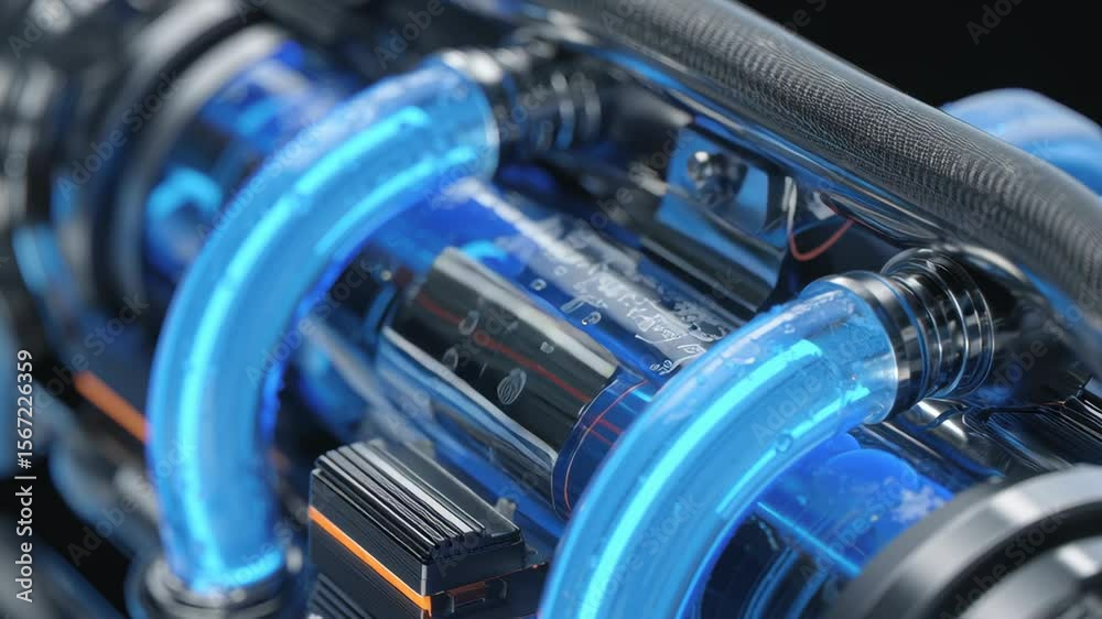 Hydrogen fuel cell technology powers advanced machinery with glowing blue tubes and metallic components creating sleek futuristic energy system