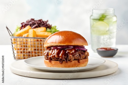 Delicious BBQ Burger with Crispy French Fries and Refreshing Drink