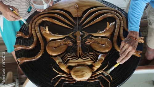 varnished headpiece, stylized mask, collage of marine animals, natural wood, handmade, teak