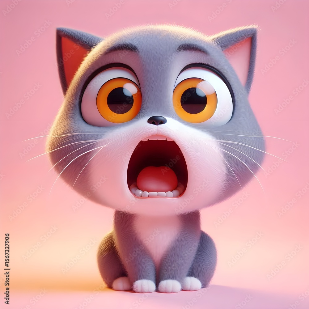 Fototapeta premium Surprised Grey Cartoon Cat with Huge Yellow Eyes Sitting on Gradient Pink Background