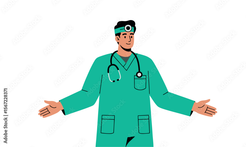 Nurse in uniform stands with arms outstretched, with a stethoscope hanging around his neck