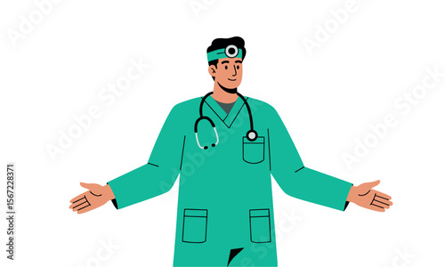Nurse in uniform stands with arms outstretched, with a stethoscope hanging around his neck