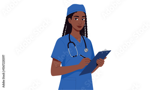 Nurse in blue scrubs taking notes with a stethoscope around her neck