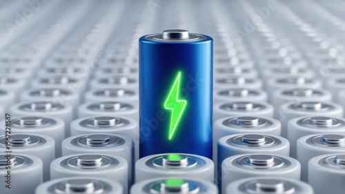 Green electric battery technology for energy storage. Vibrant battery surrounded by standard batteries, highlighting energy focus.