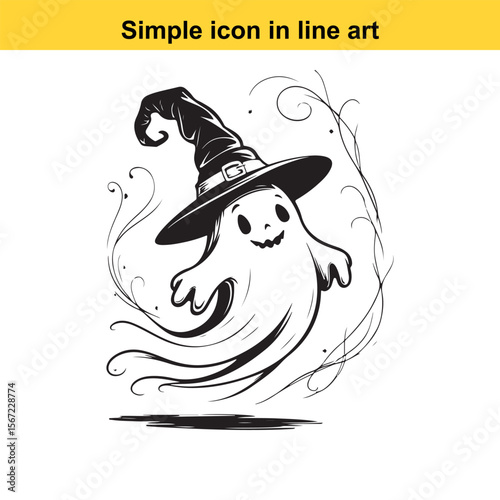 Black and White Halloween Ghost Wearing a Witch Hat Illustration