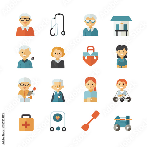 2D Flat icon Elderly Care & Assisted Living Icons isolated in White Background