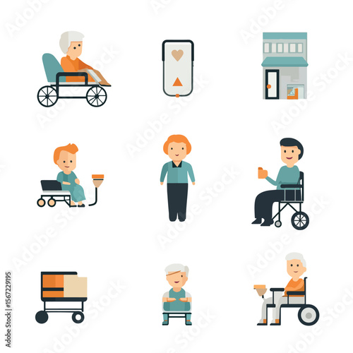 2D Flat icon Elderly Care & Assisted Living Icons isolated in White Background