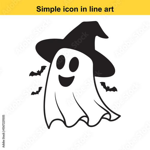 Whimsical Halloween Ghost Wearing a Witch Hat with Bats Silhouette