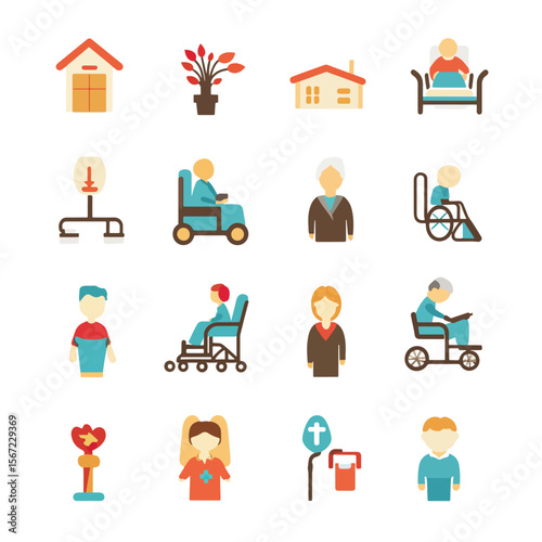 2D Flat icon Elderly Care & Assisted Living Icons isolated in White Background