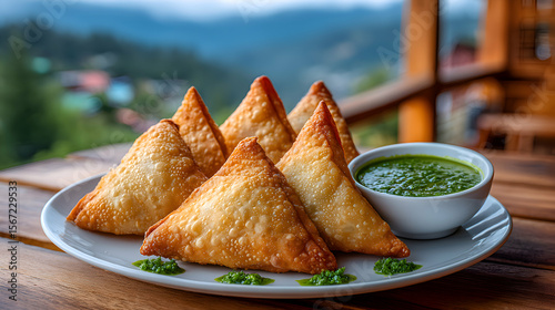 Close-up of crispy samosas arranged on a white plate with green chutney drizzle, blurred outdoor picnic setting
