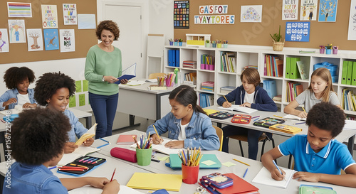 Teacher instructing students in a classroom setting, children are writing at their desks.