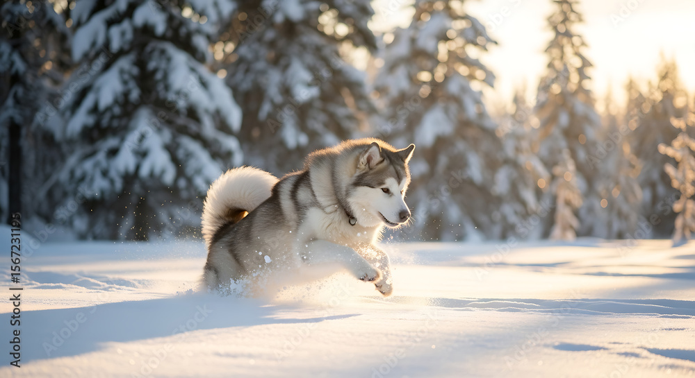 Naklejka premium A fluffy Alaskan Malamute dog runs through deep snow in a sunlit winter forest.