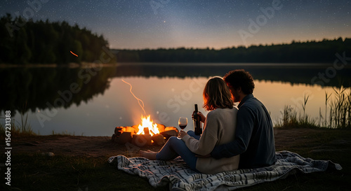 Romantic couple enjoying a campfire by a lake at twilight.