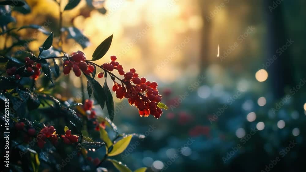 Water droplets adorning berries on branches in a garden setting.