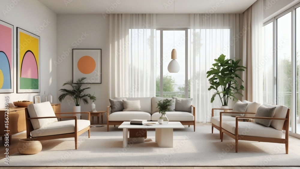 Fototapeta premium a bright and airy living room showcases a modern aesthetic with carefully selected furniture and decor