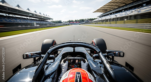 A Formula One race car on a track, viewed from the driver's perspective, with grandstands and structures in the background.