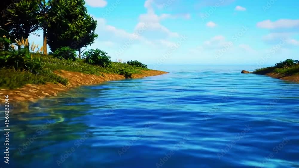 Sungai muara ke laut biru tenang, air mengalir halus, vegetasi pantai liar, Realistis, 3D look (cinematic), Statis (kamera diam), Smooth (gerakan tidak tersendat), 4K resolusi, Loopable seamless