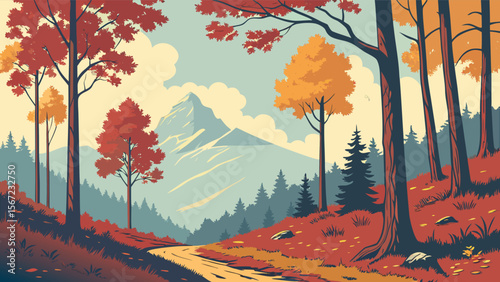 Autumn Forest Leading to Mountain Peak - Seasonal Landscape Vector