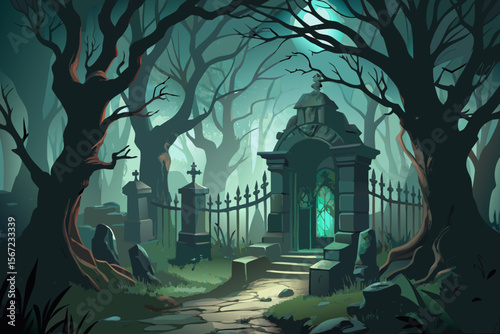 Spooky Forest Graveyard Entrance Halloween Illustration