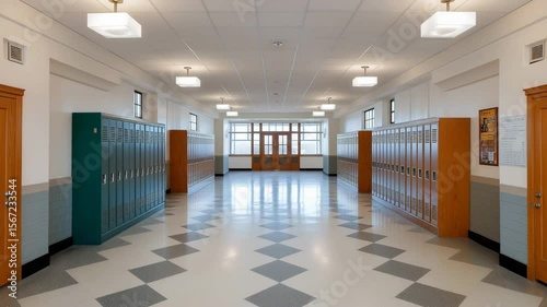Empty school hallway with lockers lining the walls in clean and quiet educational building.