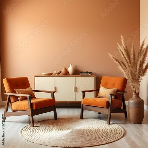 A warm and inviting living room corner features two mid-century modern style armchairs upholstered in a vibrant orange fabric, complemented by a low, light-colored cabinet adorned with simple vases an