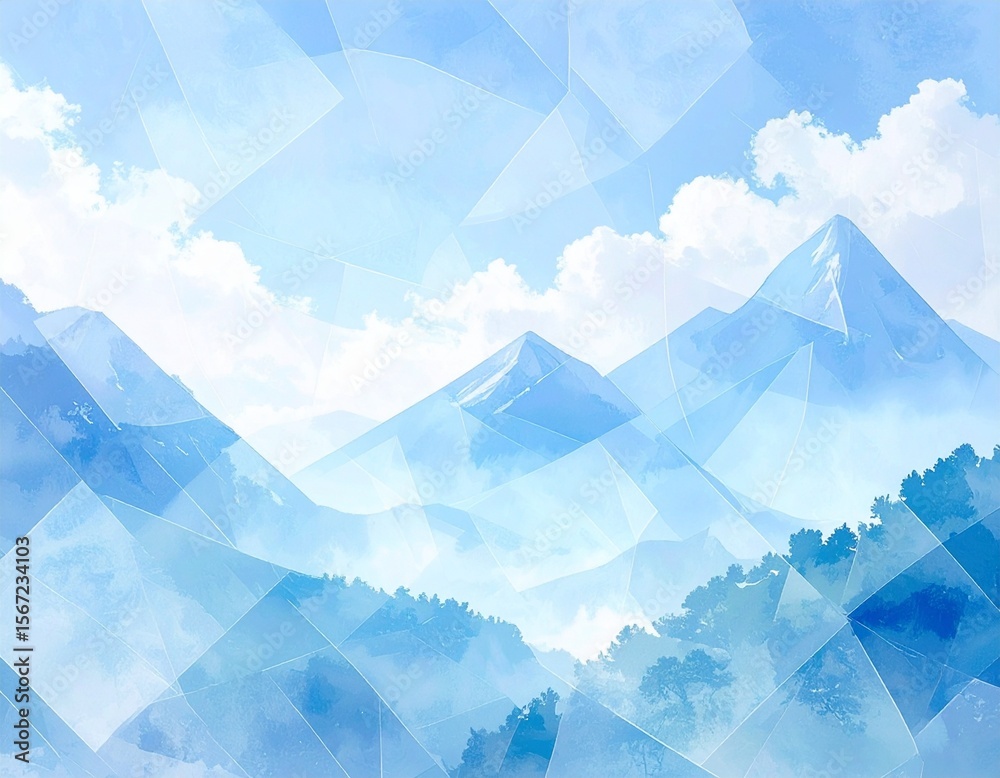 Fototapeta premium Dreamy blue abstract landscape with mountains, forests, and a cloudy sky, overlaid with geometric facets. Ideal for serene backgrounds, digital art, and peaceful visuals.