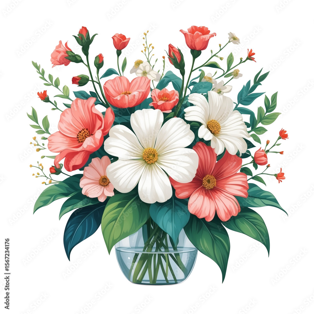 Obraz premium Vibrant spring flower bouquet in glass vase transparent background