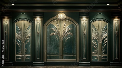 Art Deco Emerald Doors with Golden Palm Frond Reliefs and Sconce Lighting
