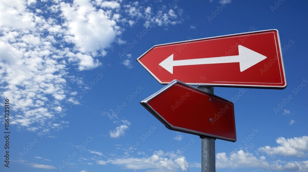 Two red directional signs against a clear sky Two red directional signs against a clear sky