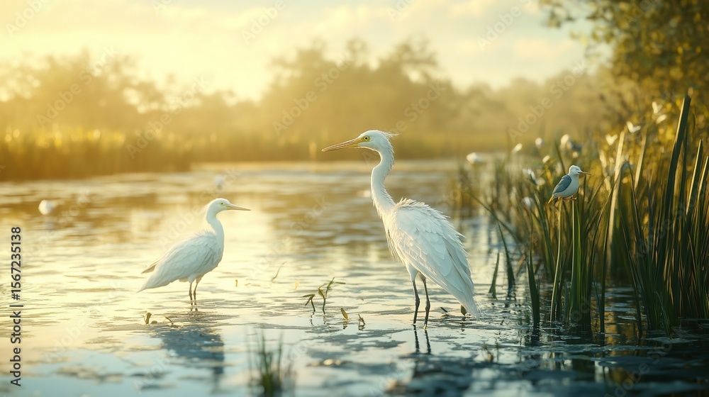 Obraz premium Serene Encounter of Two Elegant Herons in a Tranquil Wetland, Captivating Reflections and Soft Sunlight Creating a Magical Atmosphere