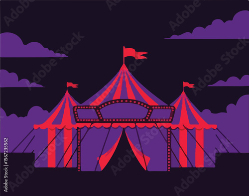 Colorful carnival tent illustration in purple and red at night for Halloween  