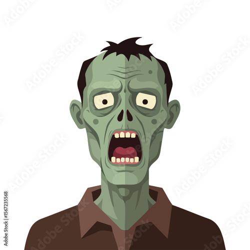 Zombie character with a shocked expression and green skin for Halloween  