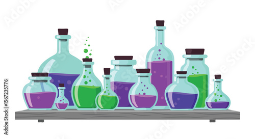 Assorted glass potion bottles with colorful liquids on shelf for Halloween  