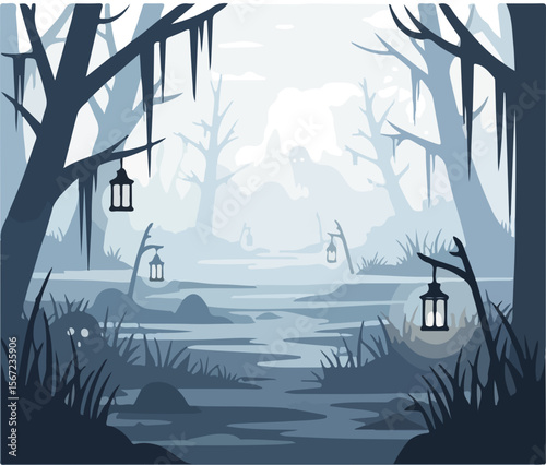 Spooky forest with lanterns and misty atmosphere for Halloween  