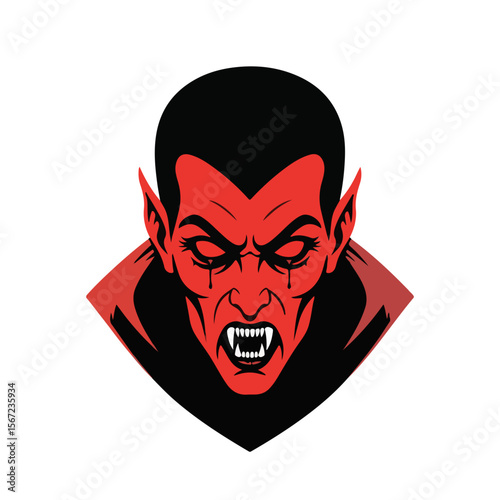 Scary vampire with fangs and angry expression on dark background Concept of Halloween  