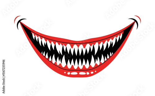 Menacing cartoon smile with sharp teeth and red outline for Halloween  