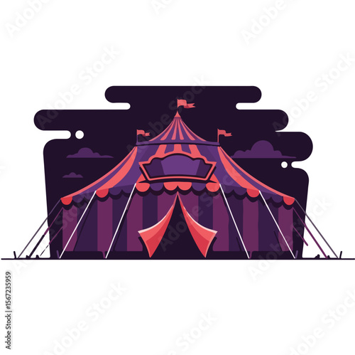 Colorful circus tent with flags and red accents in twilight setting  
