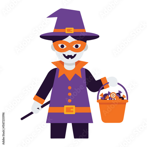 Cartoon witch child holding bucket of candies in Halloween costume  