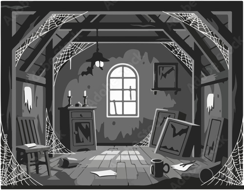 Abandoned attic with cobwebs and ghostly decor for Halloween  