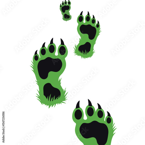 Green monster footprints walking across grass on white background  
