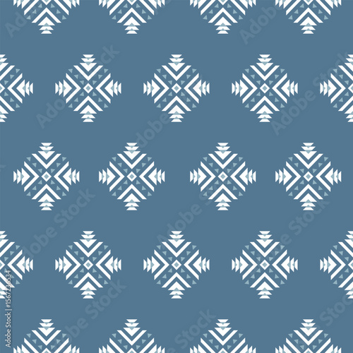 Modern Geometric Diamond Seamless Pattern in Blue and White Abstract Ethnic Vector Design