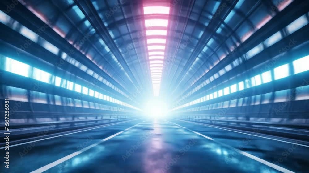 Neon-lit tunnel perspective with futuristic design and glowing light at the end, creating a sense of speed and motion