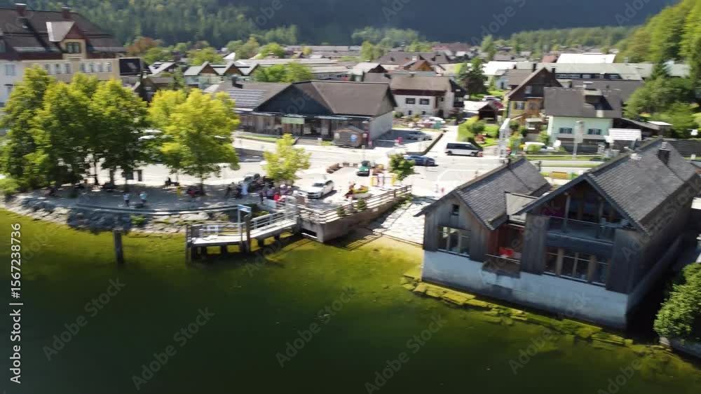 Bird’s-eye view of Hallstatt, nestled between the lake and majestic alpine mountains