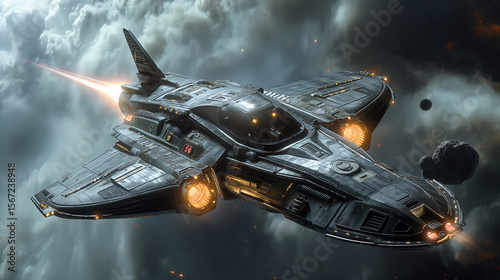 Fototapeta Naklejka Na Ścianę i Meble -   Futuristic black spacecraft soaring through asteroid field with glowing thrusters — perfect for sci-fi illustrations, concept art, and space game design